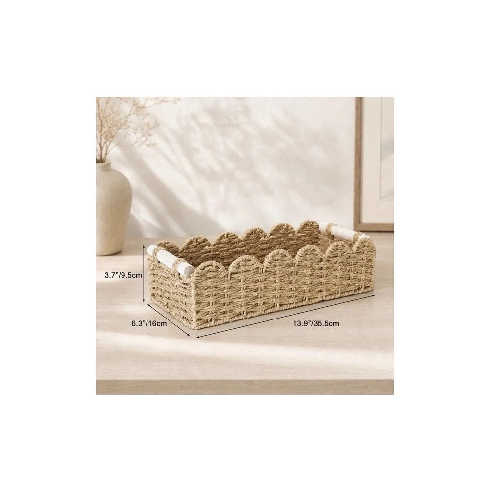 Farmhouse Scalloped Toilet Paper Storage Baskets 2 Pack Woven Wood Handles